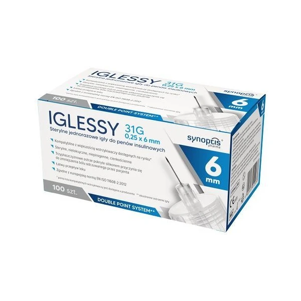 Iglessy, jednorazowe igły do penów insulinowych, 31G, 0,25 x 6mm, 100 sztuk