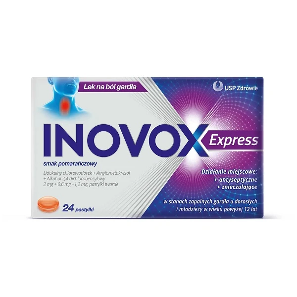 Inovox Express (2mg+0,6mg+1,2mg), smak pomarańczowy, 24 pastylki do ssania
