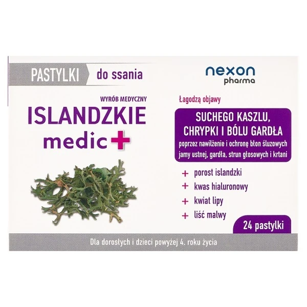 Islandzkie Medic+, dla dorosłych i dzieci po 4 roku życia, 24 pastylki do ssania