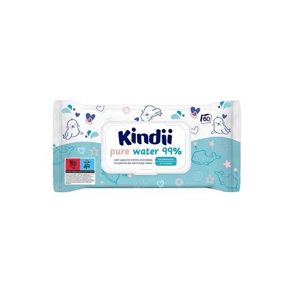 Kindii Pure Water, chusteczki nawilżane dla niemowląt i dzieci, do skóry wrażliwej, 60 sztuk