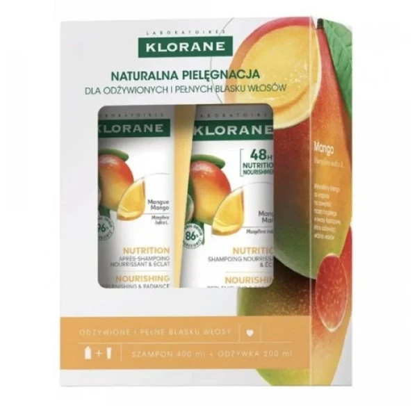 Klorane, odżywienie i blask, z mango, do włosów suchych, szampon, 400ml + odżywka, 200ml