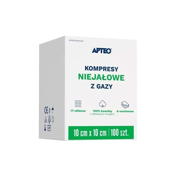 Kompresy z gazy bawełnianej Apteo, niejałowe, 17-nitkowe, 8-warstwowe, 10cmx10cm, 100 sztuk