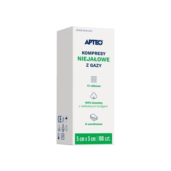 Kompresy z gazy bawełnianej Apteo, niejałowe, 17-nitkowe, 8-warstwowe, 5cmx5cm, 100 sztuk