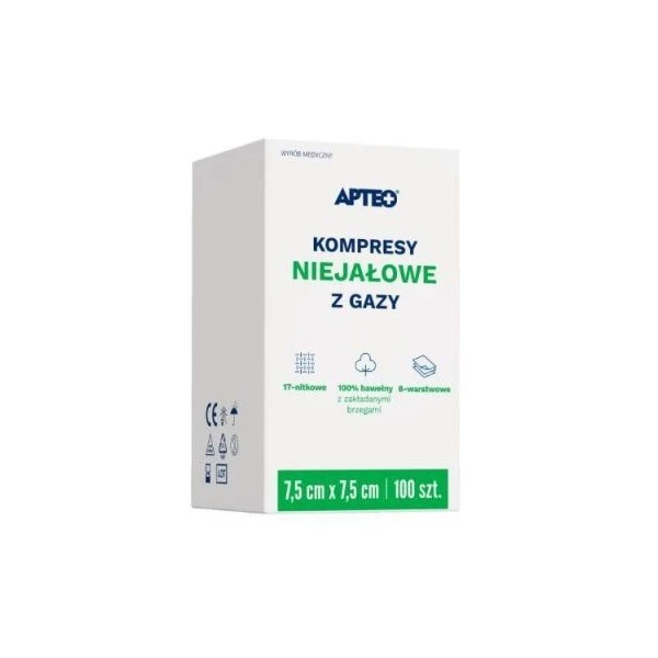 Kompresy z gazy bawełnianej Apteo, niejałowe, 17-nitkowe, 8-warstwowe, 7,5cmx7,5cm, 100 sztuk