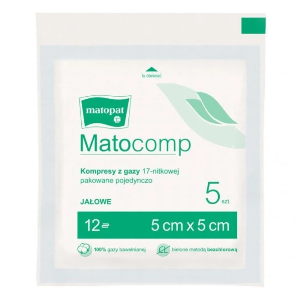 Kompresy z gazy bawełnianej Matocomp, jałowe, 17-nitkowe, 12-warstwowe, 5cmx5cm, 5 sztuk