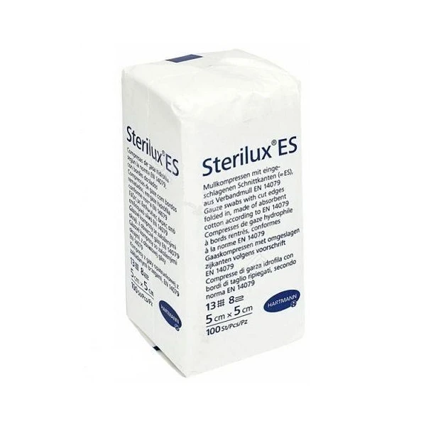 [DATA - 2026-12-01] Kompresy z gazy bawełnianej Sterilux ES, niejałowe, 13 nitkowe, 8-warstwowe, 5cmx5cm, 100 sztuk
