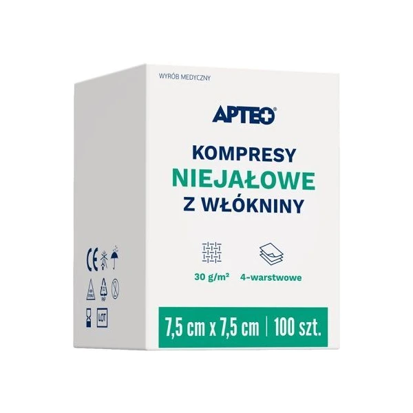 Kompresy z włókniny Apteo, niejałowe, 4-warstwowe, 7,5cmx7,5cm, 100 sztuk