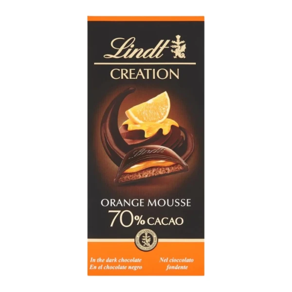 Lindt Creation, ciemna czekolada wypełniona musem czekoladowym i nadzieniem pomarańczowym, 150g