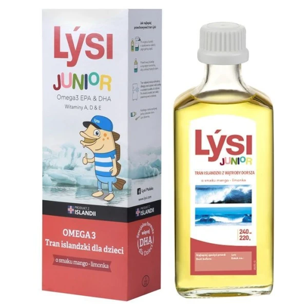 Lysi Junior, Tran Islandzki z wątroby dorsza, smak mango-limonka, 240ml