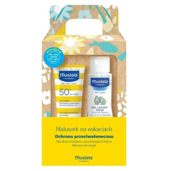 [DATA - 2026-10-01] Mustela Bebe Enfant, Maluszek Na Wakacjach, mleczko przeciwsłoneczne SPF50+ do twarzy i ciała, 40ml + żel do mycia, 100ml