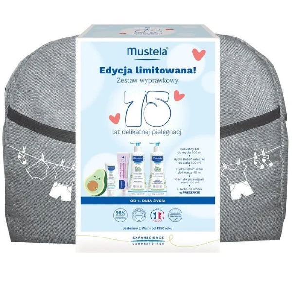 Mustela Zestaw Wyprawkowy, żel do mycia, 500ml + mleczko do ciała, 500ml + krem do twarzy, 40ml + krem do przewijania, 100ml + torba na wózek
