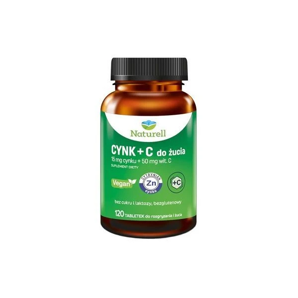 Naturell, cynk + C, 120 tabletek do rozgryzania i żucia