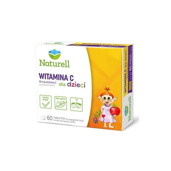 Naturell, witamina C dla dzieci, smak czarnego bzu i jabłka, 60 tabletek do rozgryzania i żucia