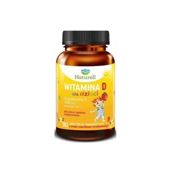Naturell, witamina D dla dzieci, smak waniliowo-truskawkowy, 180 tabletek do rozgryzania i żucia