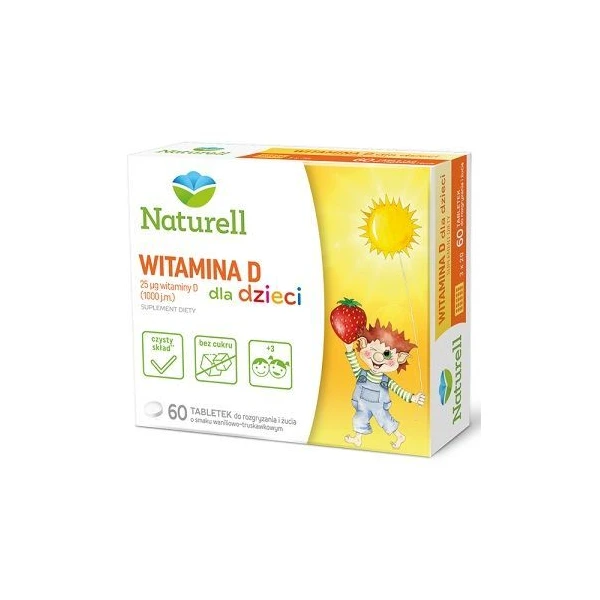 Naturell, witamina D dla dzieci, smak waniliowo-truskawkowy, 60 tabletek do rozgryzania i żucia