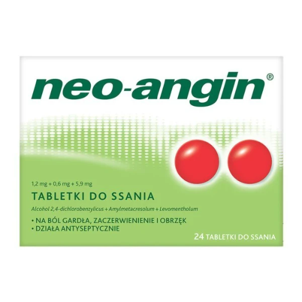 Neo-Angin z cukrem (1,2mg+0,6mg+5,9mg), 24 tabletki do ssania