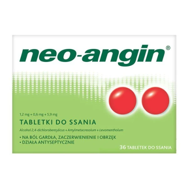 Neo-Angin z cukrem (1,2mg+0,6mg+5,9mg), 36 tabletek do ssania