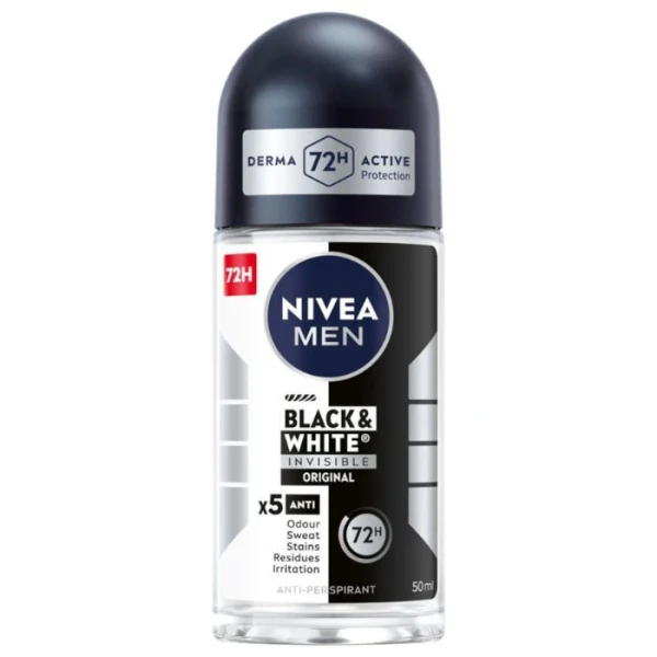Nivea Men Black & White Invisible, antyperspirant roll-on dla mężczyzn, 72h, Original, 50ml