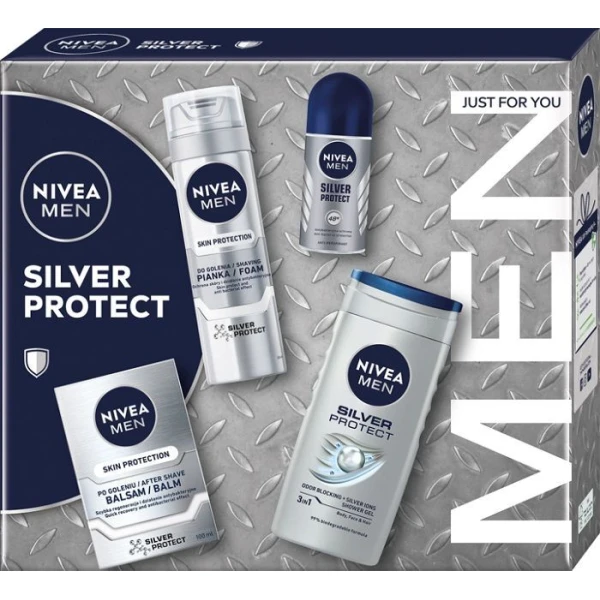 [DATA - 2026-09-30] Nivea Men Silver Protect, balsam po goleniu, 100ml + pianka do golenia, 200ml + żeł pod prysznic, 250ml + roll-on, 50ml
