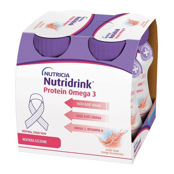 Nutridrink Protein Omega 3, produkt odżywczy wysokobiałkowy, smak mango-brzoskwinia, płyn, 4x125ml