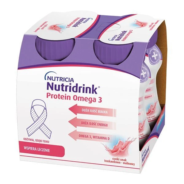 Nutridrink Protein Omega 3, produkt odżywczy wysokobiałkowy, smak truskawkowo-malinowy, płyn, 4x125ml