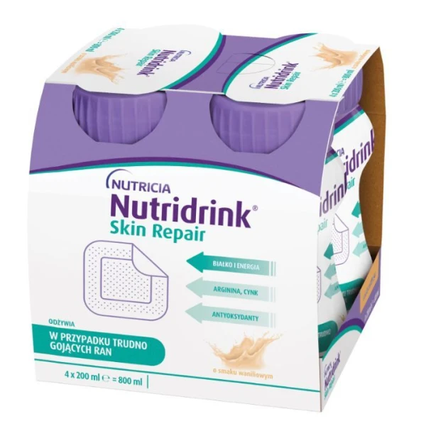 Nutridrink Skin Repair, produkt odżywczy wysokoenergetyczny, smak waniliowy, płyn, 4x200ml