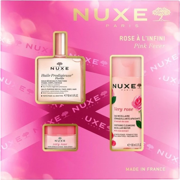 Nuxe Pink Fever, Huile Prodigieuse Florale, suchy olejek pielęgnacyjny, 50ml + Very Rose, woda micelarna, 100ml + Very Rose, balsam do ust, 15g