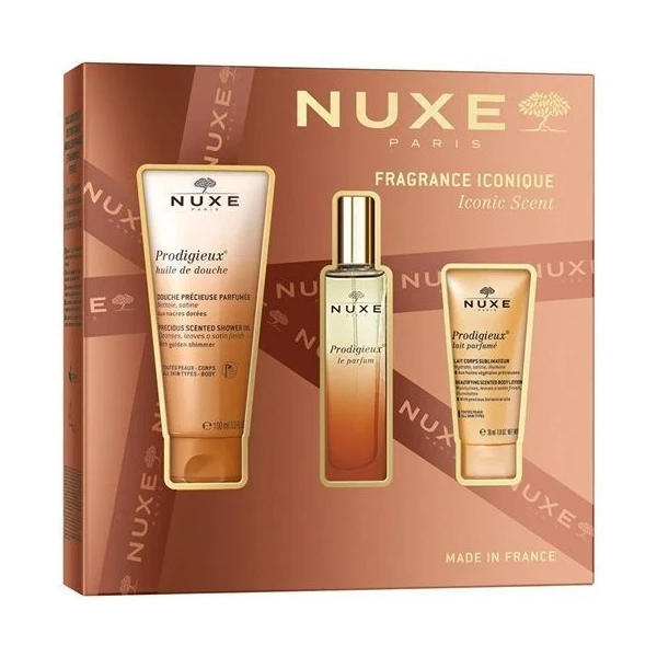Nuxe Prodigieux, olejek pod prysznic ze złotymi drobinkami, 100ml + perfumowane mleczko do ciała, 30ml + perfumy, 30ml