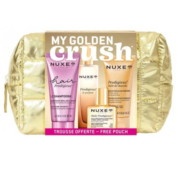 Nuxe Prodigieux, szampon do włosów, 30ml + perfumy, 15ml + olejek pod prysznic, 30ml + suchy olejek do pielęgnacji, 10ml