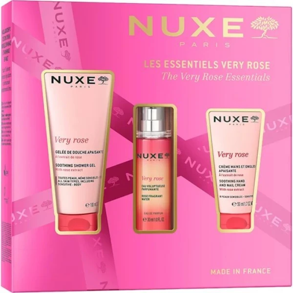 Nuxe Very Rose, żel pod prysznic, 100ml + krem do rąk i paznokci, 50ml + woda perfumowana, 30ml