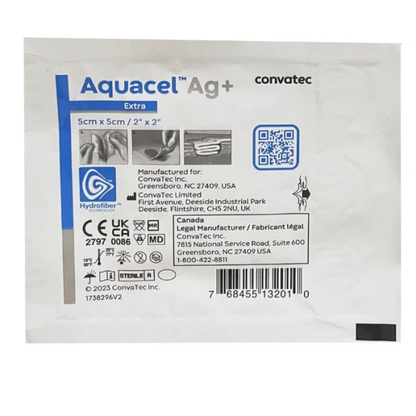 Opatrunek hydrowłóknisty z jonami srebra, Aquacel Ag+ Extra, jałowy, 5cmx5cm, 1 sztuka