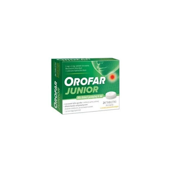 Orofar Junior (1mg+1mg), dla dorosłych i dzieci po 6 roku życia, smak pomarańczowy, 24 tabletki do ssania