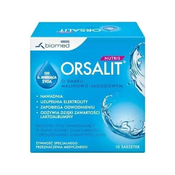 Orsalit Nutris, doustny płyn nawadniający, proszek, smak malinowo-jagodowy, od 6 miesiąca życia, 10 saszetek