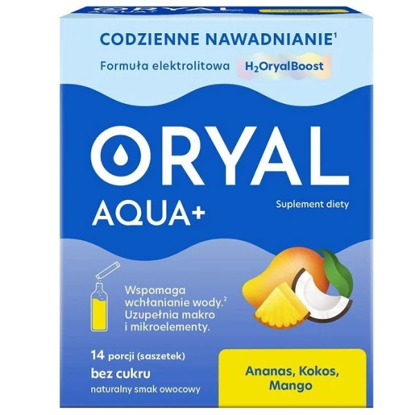 Oryal Aqua+, elektrolity, ananas, kokos, mango, proszek, 14 saszetek
