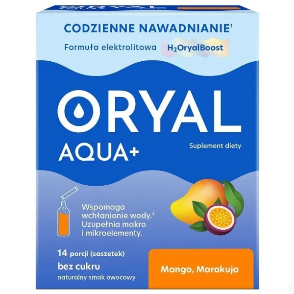 Oryal Aqua+, elektrolity, mango, marakuja, proszek, 14 saszetek