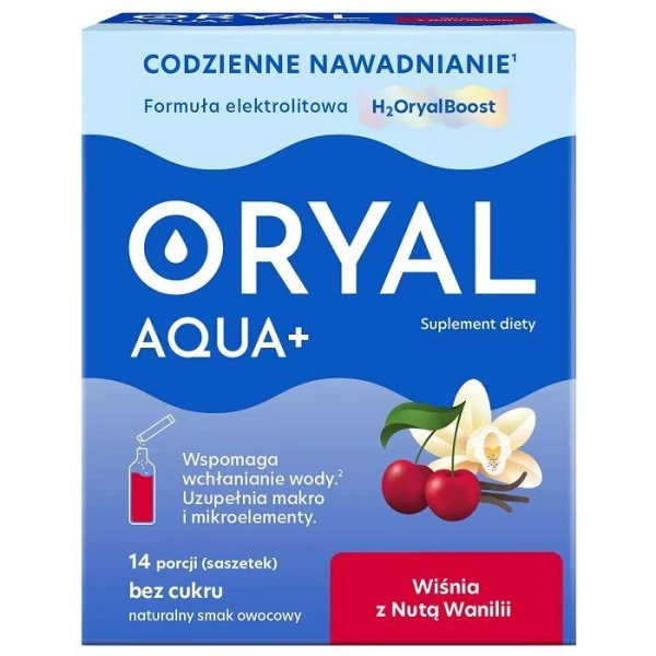 Oryal Aqua+, elektrolity, wiśnia z nutą wanilii, proszek, 14 saszetek