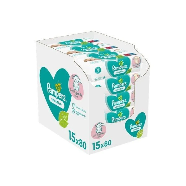 Pampers Sensitive, chusteczki nawilżane dla niemowląt, 15 opakowań po 80 sztuk