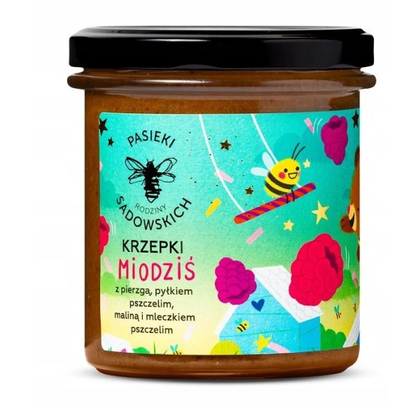 Pasieki Rodziny Sadowskich, Krzepki Miodziś, z pierzgą, pyłkiem pszczelim, maliną i mleczkiem pszczelim, po 3 roku życia, 410g