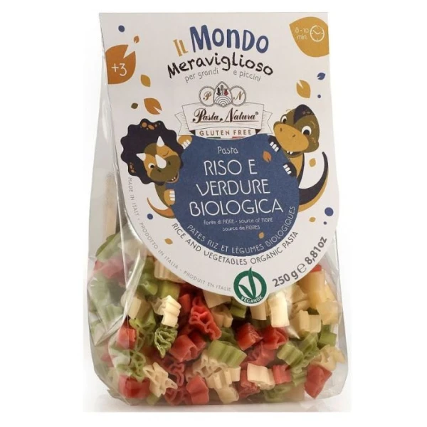 Pasta Natura Bio, makaron ryżowy dla dzieci, dinozaury, bezglutenowy, 250g