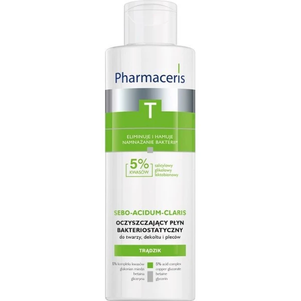 Pharmaceris T, Sebo-Acidum-Claris, oczyszczający płyn bakteriostatyczny do twarzy, dekoltu i pleców, 190ml