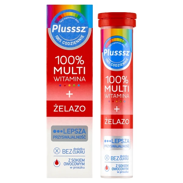Plusssz 100% Multiwitamina + Żelazo, smak wiśniowo-pomarańczowy, 20 tabletek musujących