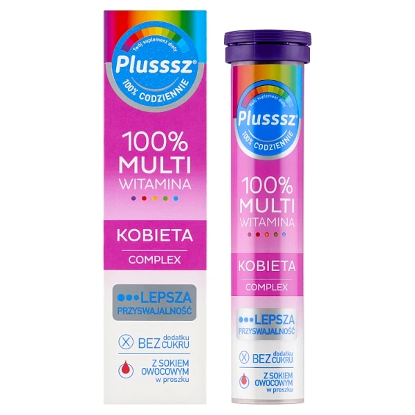 Plusssz 100% Multiwitamina Kobieta Complex, smak malinowo-pomarańczowy, 20 tabletek musujących