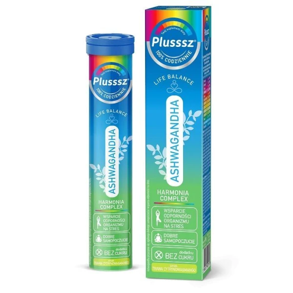 Plusssz Ashwagandha 100% Harmonia Complex, smak trawa cytrynowa - mango, 24 tabletki musujące