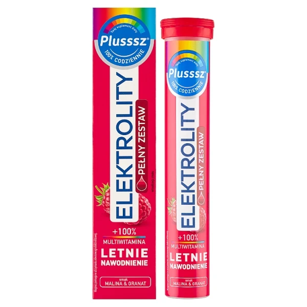 Plusssz Elektrolity + 100% Multiwitamina, smak malina i granat, 24 tabletki musujące