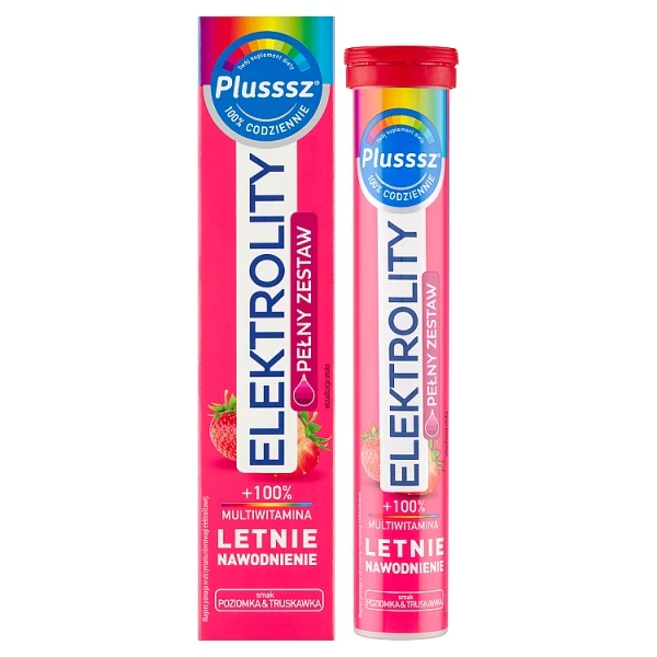 Plusssz Elektrolity + 100% Multiwitamina, smak poziomka i truskawka, 24 tabletki musujące