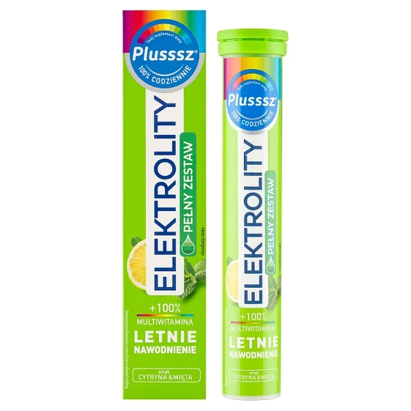 Plusssz Elektrolity + 100% Multiwitamina, smak cytryna i mięta, 24 tabletki musujące