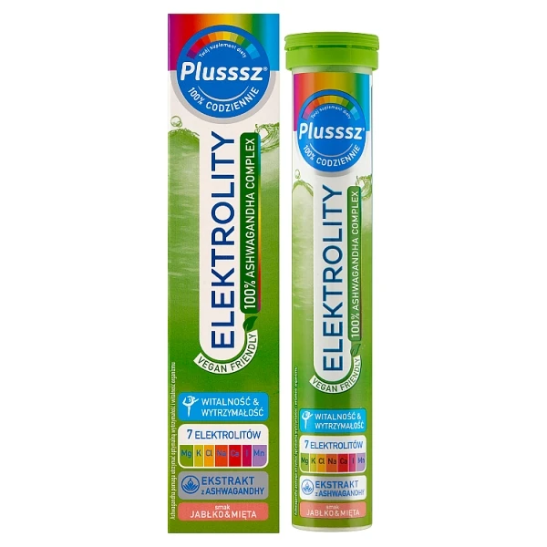 Plusssz Elektrolity 100% Ashwagandha Complex, smak jabłko-mięta, 24 tabletki musujące