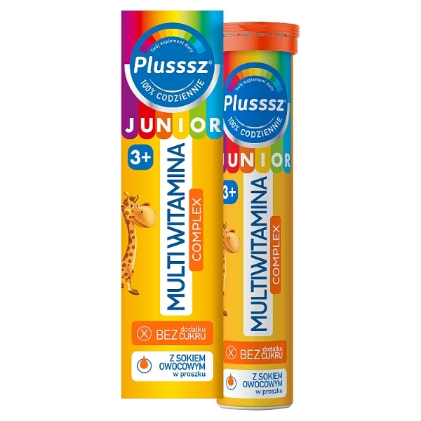 Plusssz Junior Multiwitamina Complex, smak owoców tropikalnych, po 3 roku życia, 20 tabletek musujących