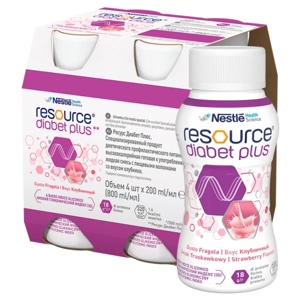 Resource Diabet Plus, produkt odżywczy wysokoenergetyczny, smak truskawkowy, płyn, 4x200ml