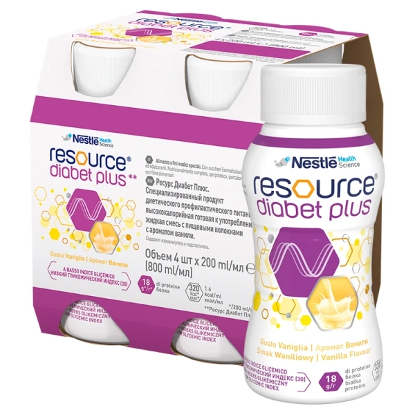 Resource Diabet Plus, produkt odżywczy wysokoenergetyczny, smak waniliowy, płyn, 4x200ml